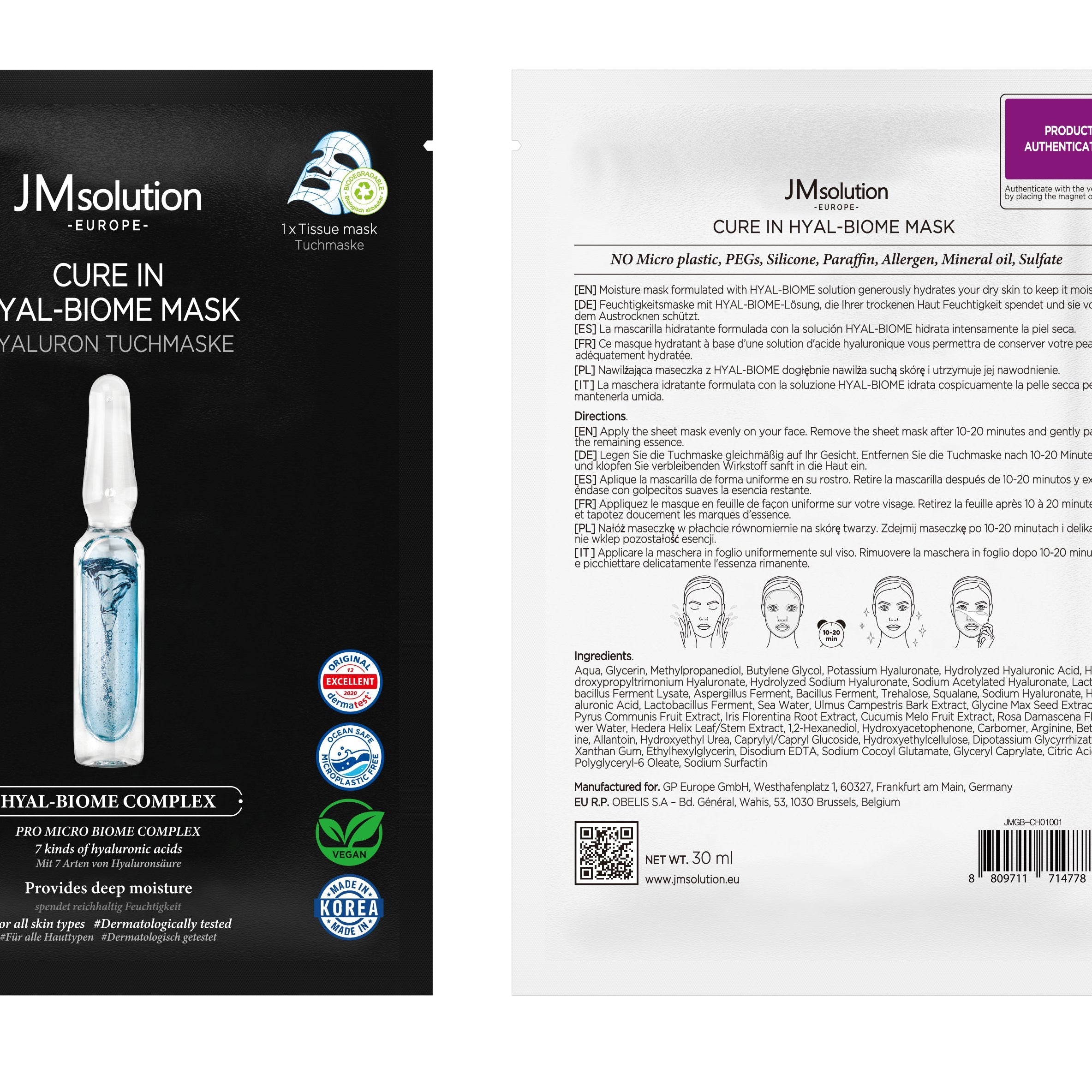 JM Solution Cure In HYAL-Biome Mask 30ml (1szt) intensywnie nawilżająca maska w płachcie