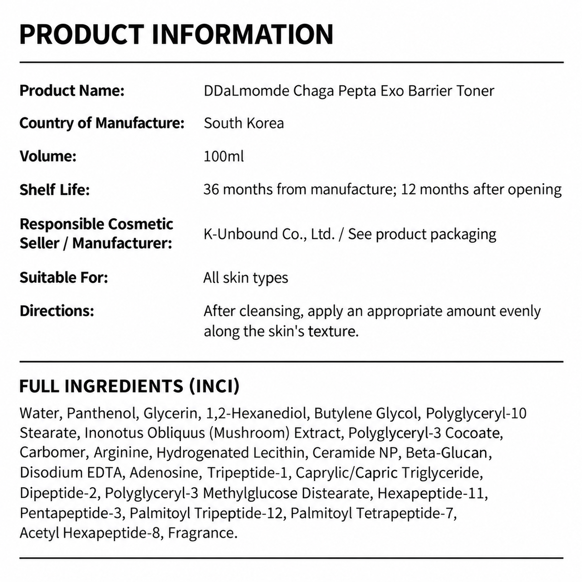 DDaLmomde Chaga Pepta Exo Barrier Toner 100ml | Chaga Mushroom