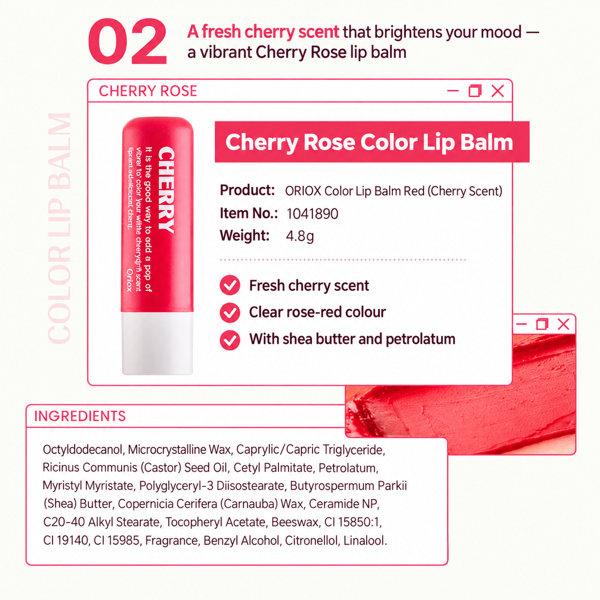 ORIOX Color Lip Balm 4.8g | Cherry Rose