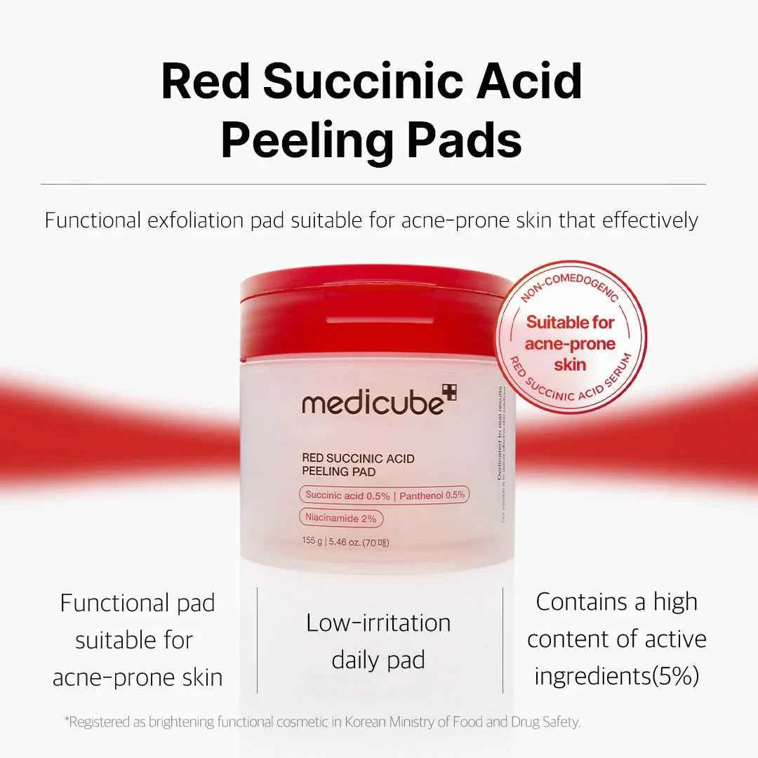 MEDICUBE Red Succinic Acid Peeling Pad 155g (70 szt.) – Złuszczające Płatki Przeciwtrądzikowe z Kwasem Bursztynowym