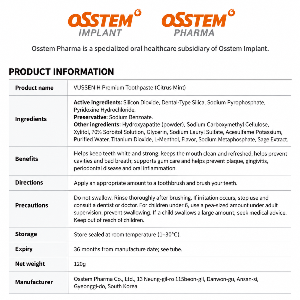 Vussen H Brightening Toothpaste 120g | Ostem Pharma 5% hydroksyapatytu