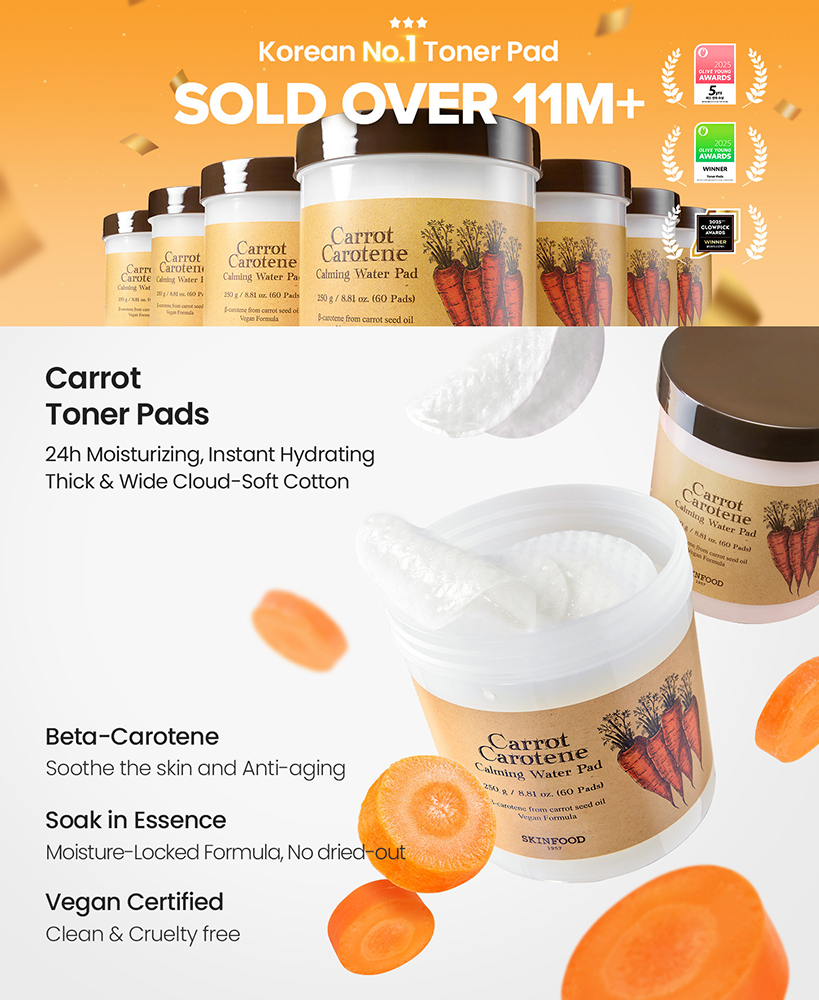 SKINFOOD Carrot Carotene Calming Water Pad (60szt) I Kojące płatki tonizujące BESTSELLER