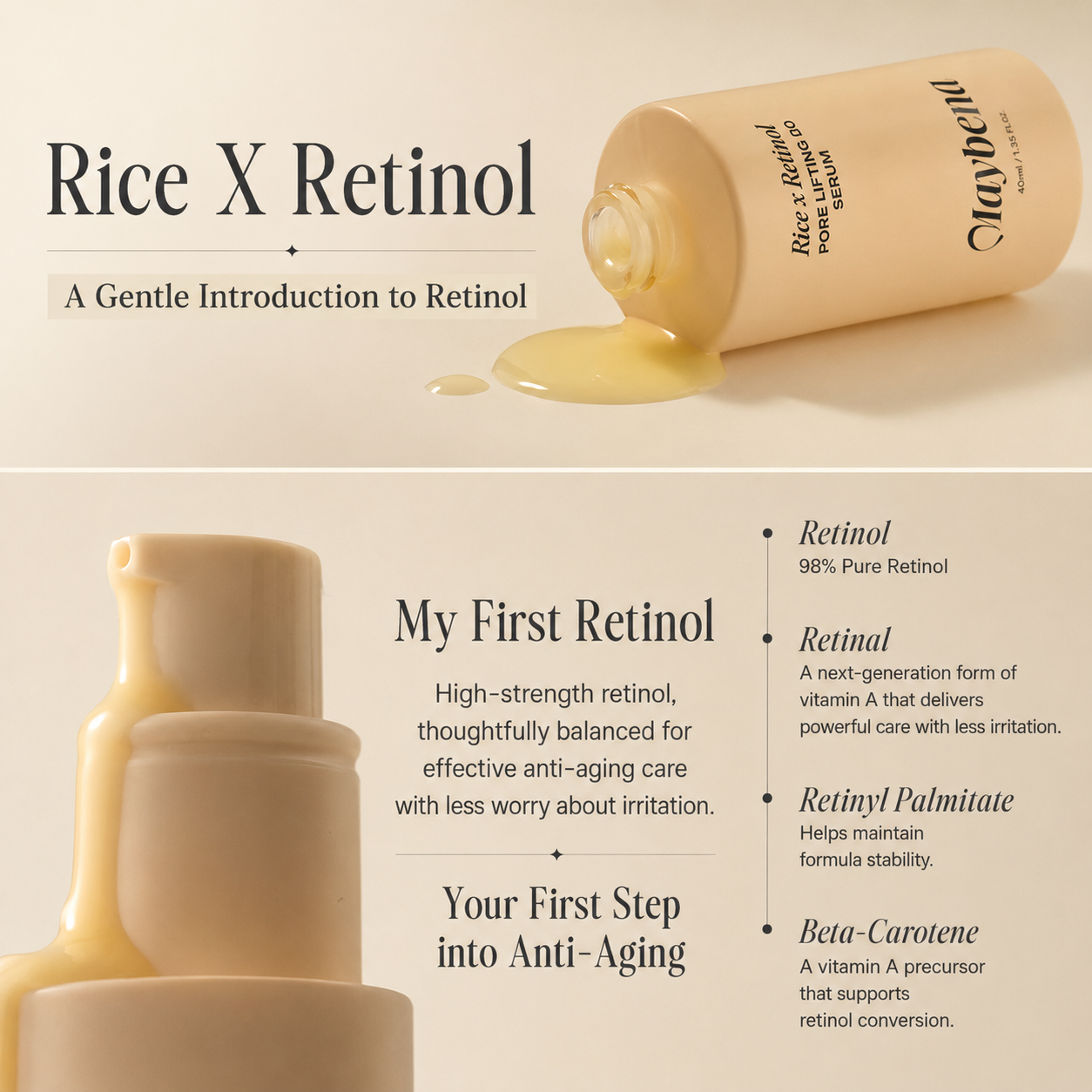 MAYBENA Rice x Retinol Pore Lifting Serum 40ml | Retinol 1.500 ppm + Retinal