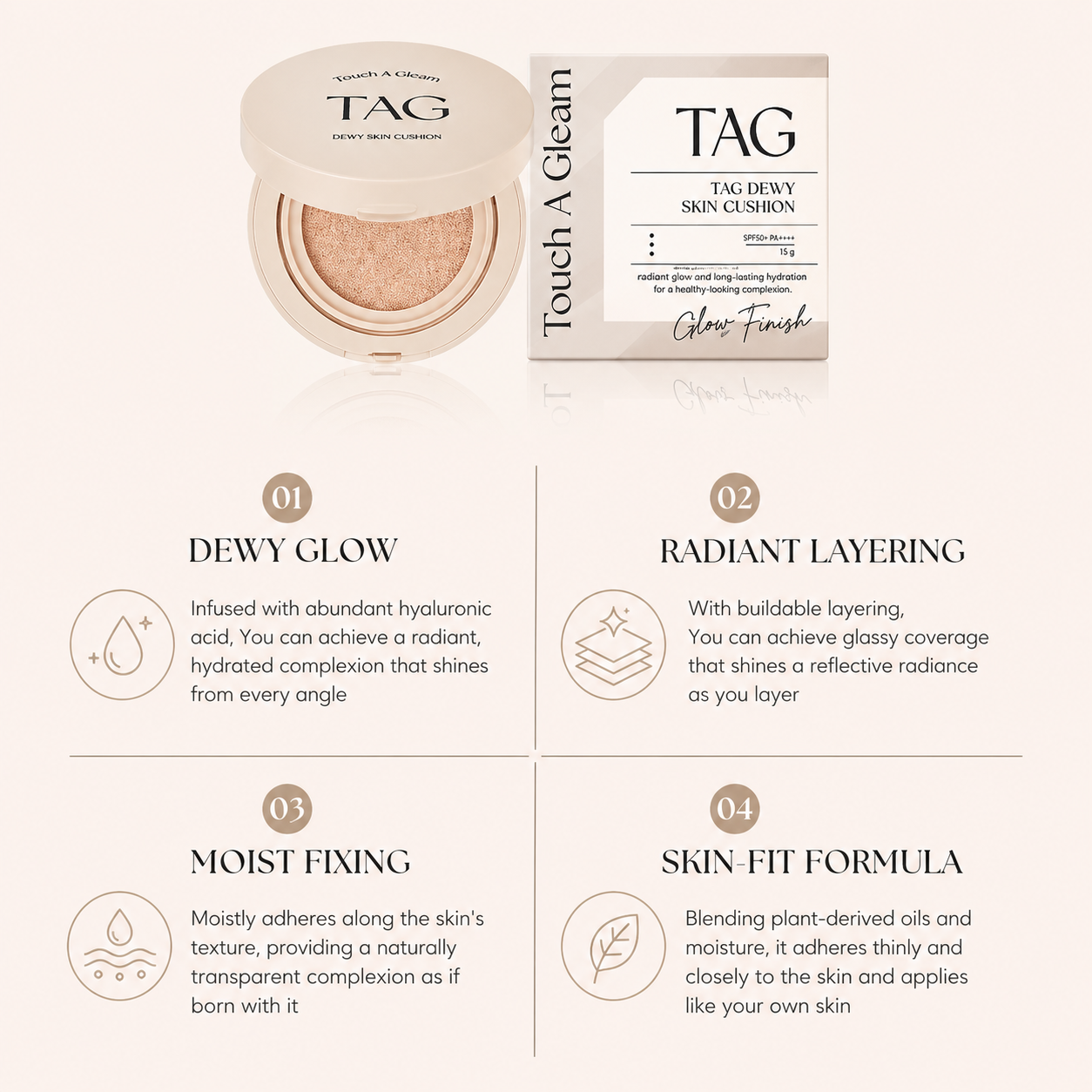 Tag Dewy Skin Cushion nr.01 Pale Light SPF50+ 15g I Rozświetlający Cushion z Efektem Glow