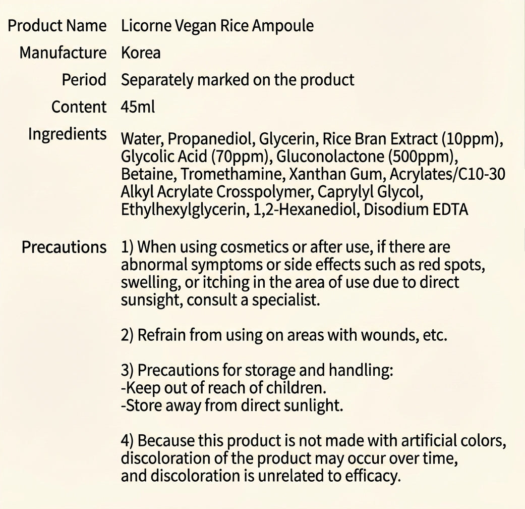 LICORNE Vegan Rice Ampoule 45ml I wegańska ampułka ryżowa z AHA + PHA