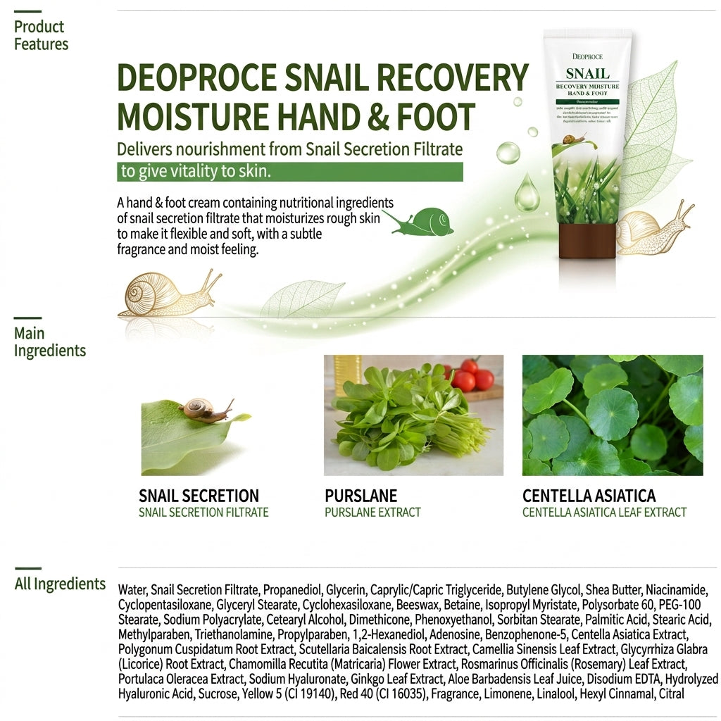 Deoproce Snail Recovery Hand & Foot Cream 100 ml I Weź ze sobą ślimaka