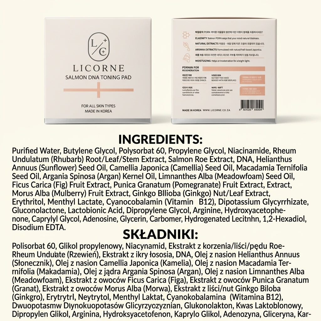 LICORNE Salmon DNA Toning Pad INajlepszy Toner Pad – Różowy Łosoś PDRN dla Efektu Glass Skin