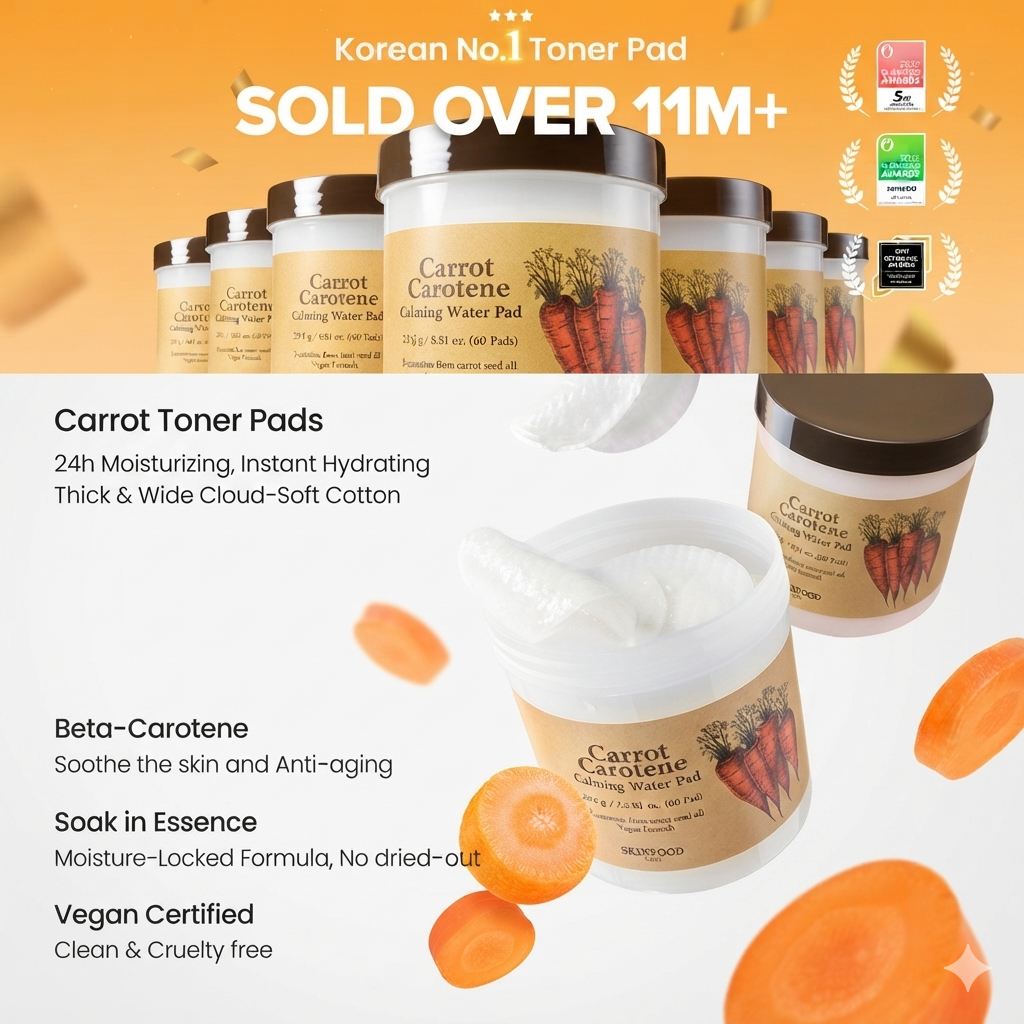 SKINFOOD Carrot Carotene Calming Water Pad (60szt) I Ekstrakt z Korzenia Marchwi (15%)