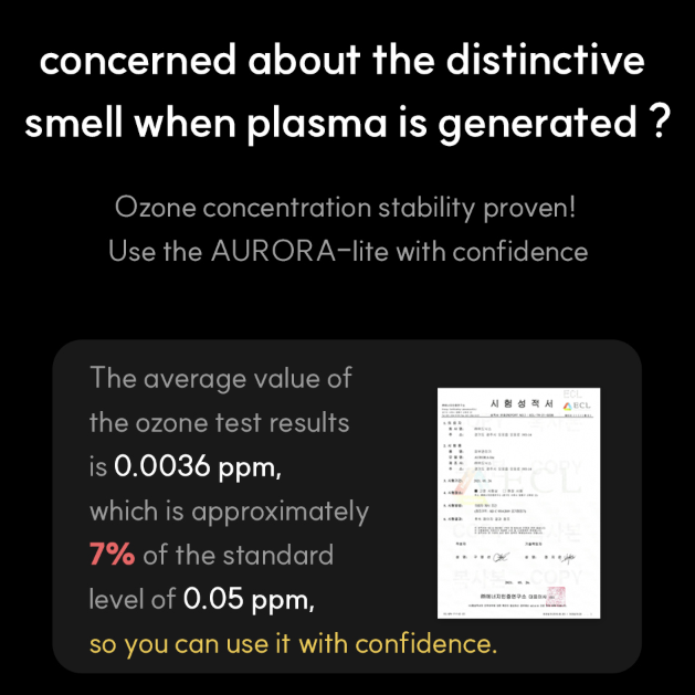 Advertisement about ozone concentration stability with text and a small image of a device on a black background.