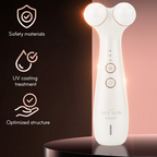 White skincare device with features highlighted on a dark background