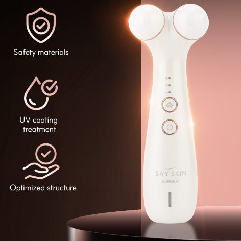 White skincare device with features highlighted on a dark background