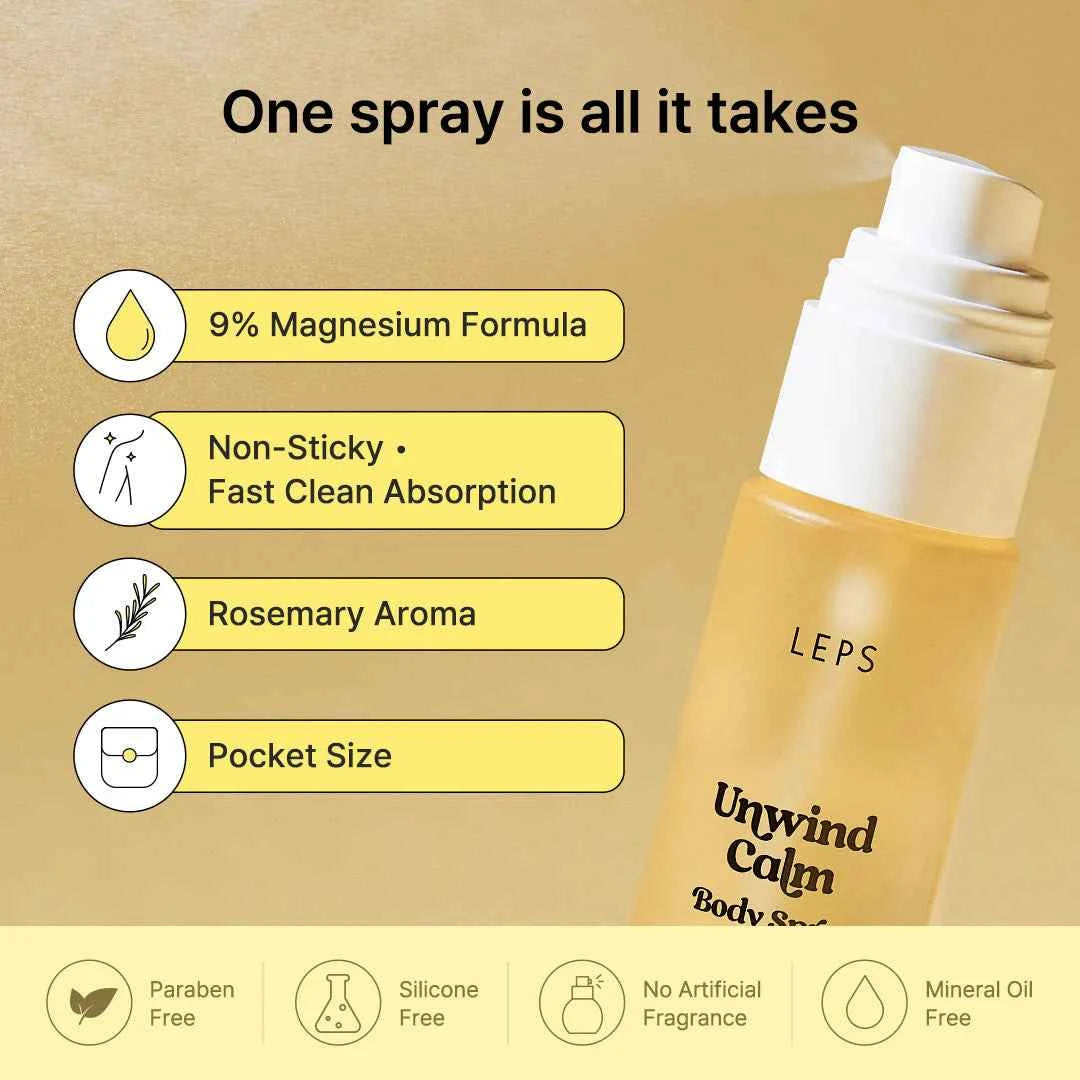 LEPS Unwind Calm Body Spray (55ml) I 9% Chlorek Magnezu i Kompres Botaniczny. Odprężenie dla ciała, miękkość dla skóry.
