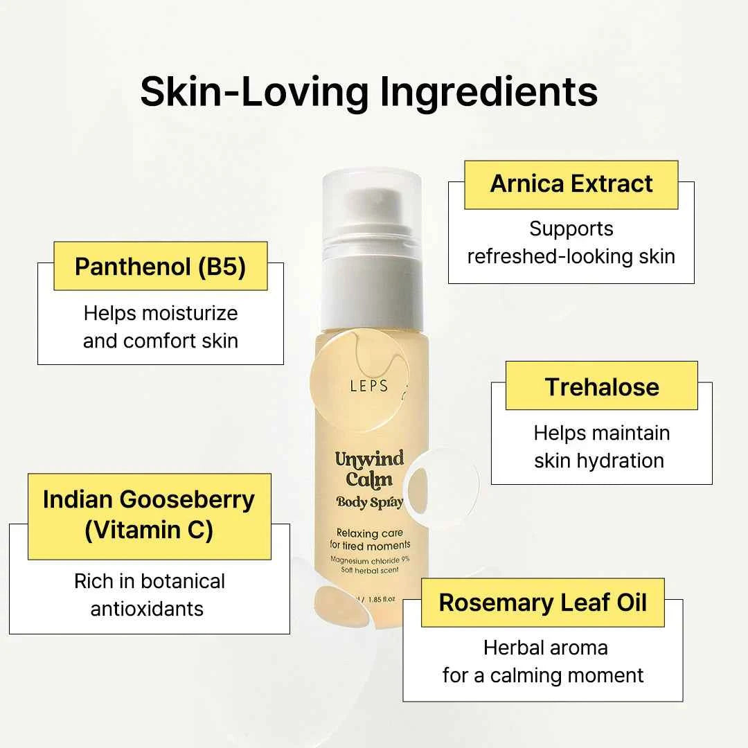 LEPS Unwind Calm Body Spray (55ml) I 9% Chlorek Magnezu i Kompres Botaniczny. Odprężenie dla ciała, miękkość dla skóry.
