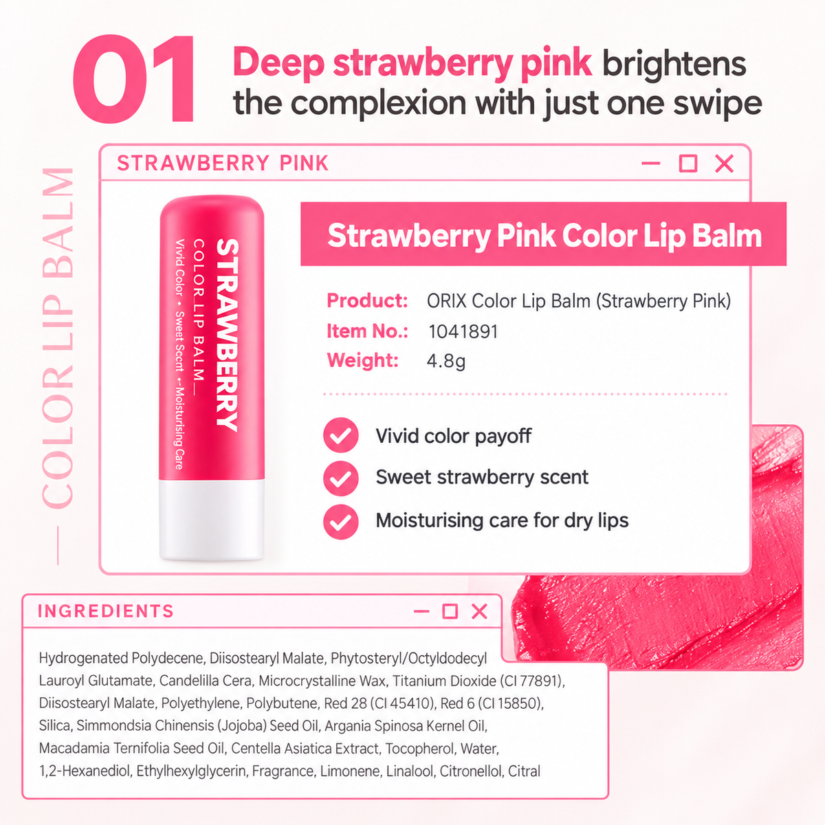 ORIOX Color Lip Balm 4.8g | Strawberry Pink