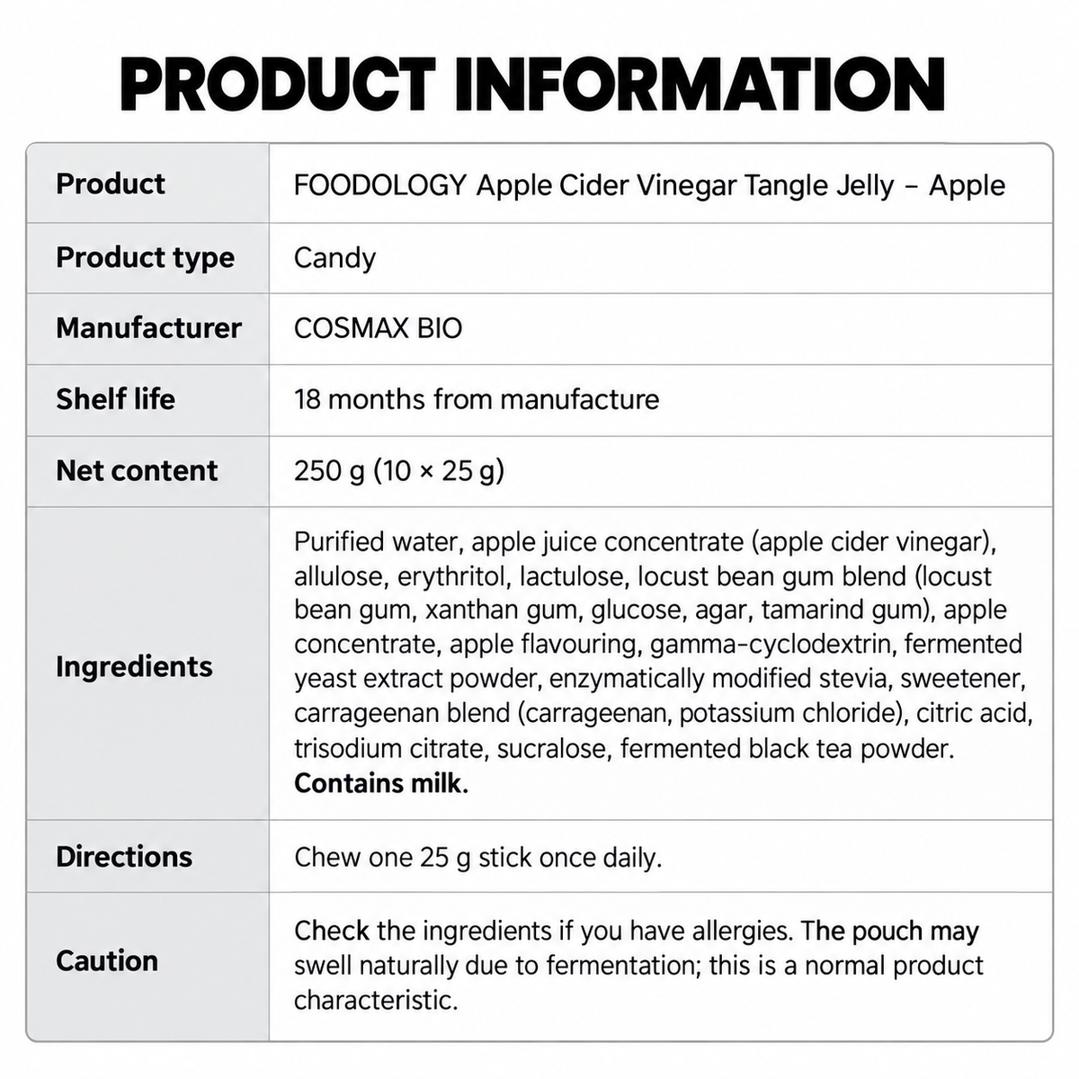 FOODOLOGY Apple Cider Vinegar Tangle Jelly – jabłkowa 250g (10 szt)
