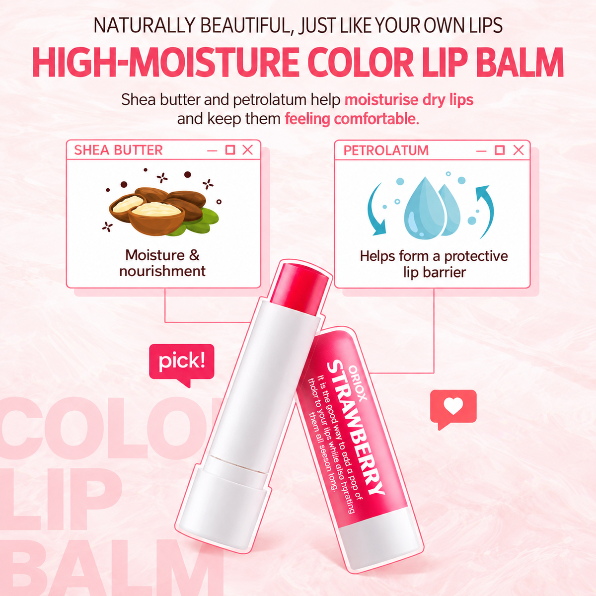 ORIOX Color Lip Balm 4.8g | Strawberry Pink