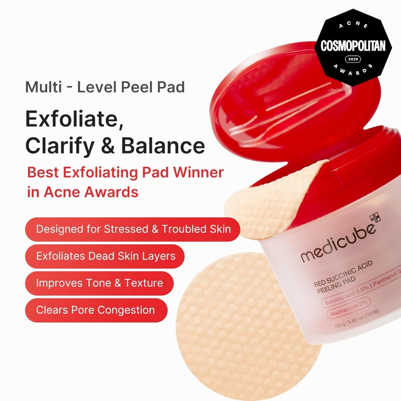 MEDICUBE Red Succinic Acid Peeling Pad 155g (70 szt.) – Złuszczające Płatki Przeciwtrądzikowe z Kwasem Bursztynowym