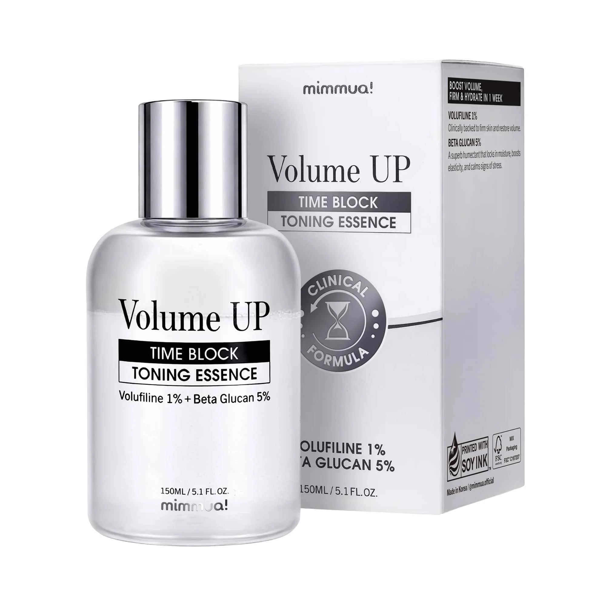 Mimmua! Volume UP Time Block Toning Essence 150ml – Esencja Tonizująca Wypełniająca Skórę z 1% Wolufiliny i 5% Beta-Glukanu