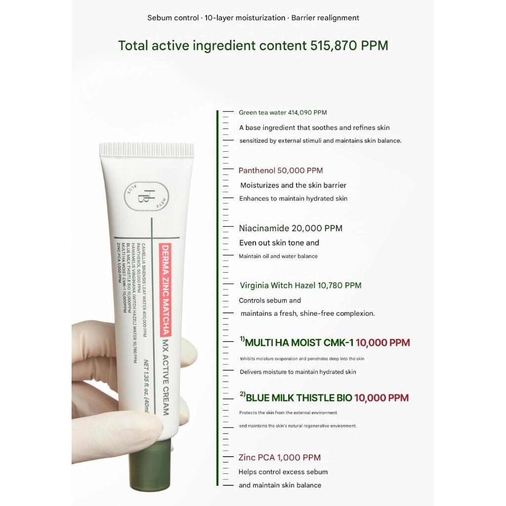 HEVEBLUE Derma Zinc Matcha MX Active Cream 40ml | 41,4% wody matcha spotyka 5% pantenolu