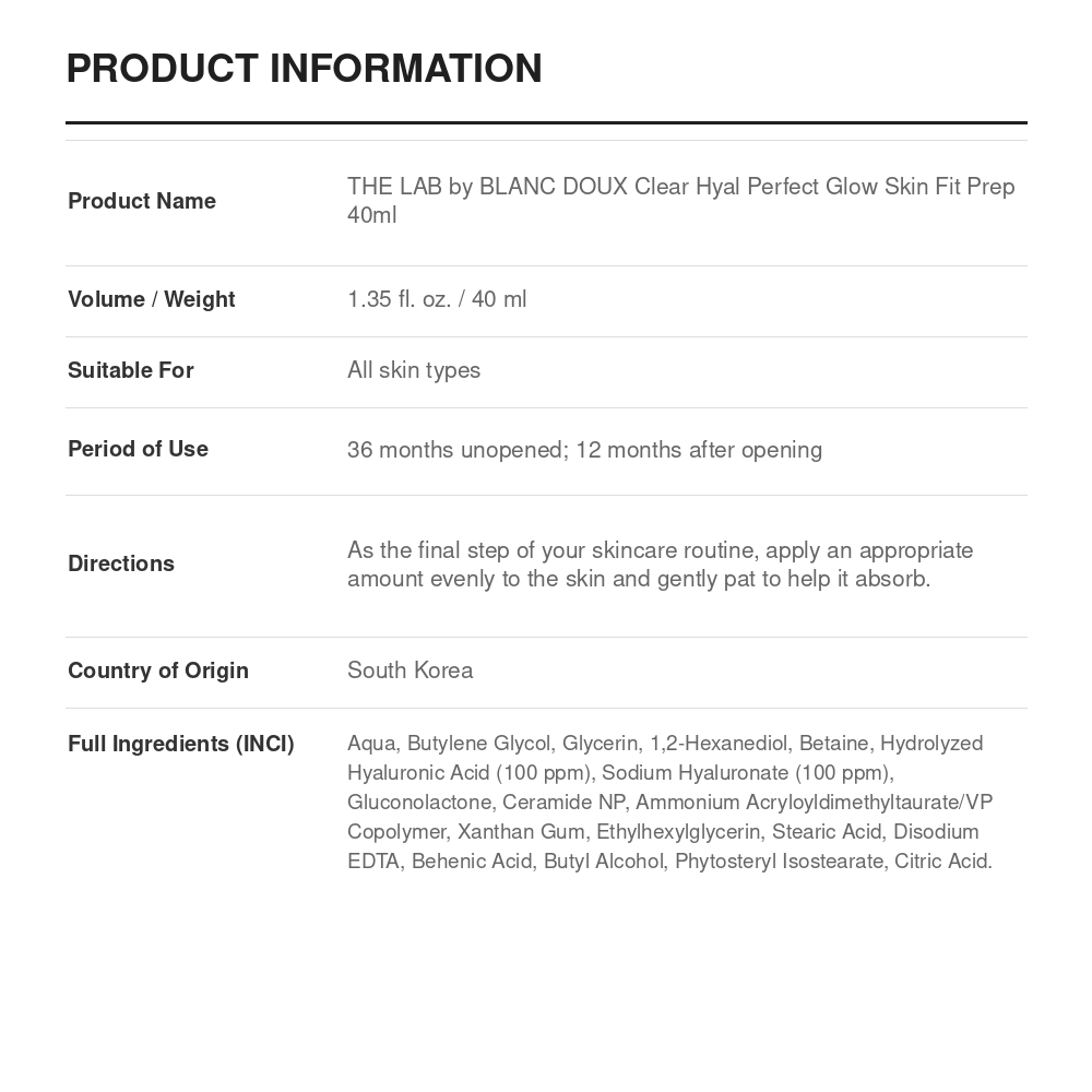 THE LAB by BLANC DOUX Clear Hyal Perfect Glow Skin Fit Prep 40ml